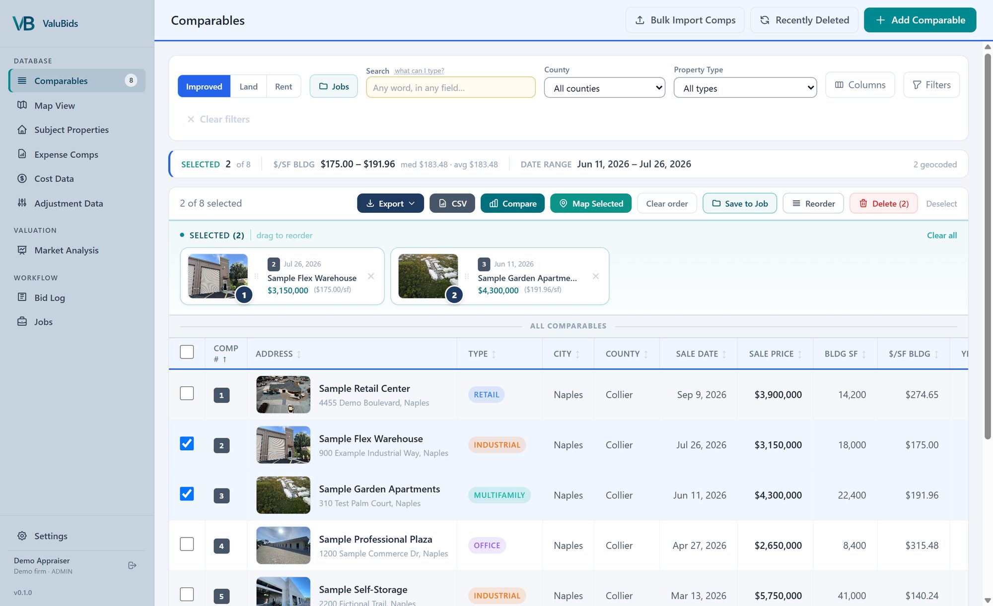 The ValuBids comp library: sample comparables with price, building size and price per square foot, two selected and numbered for the grid. Demo data.
